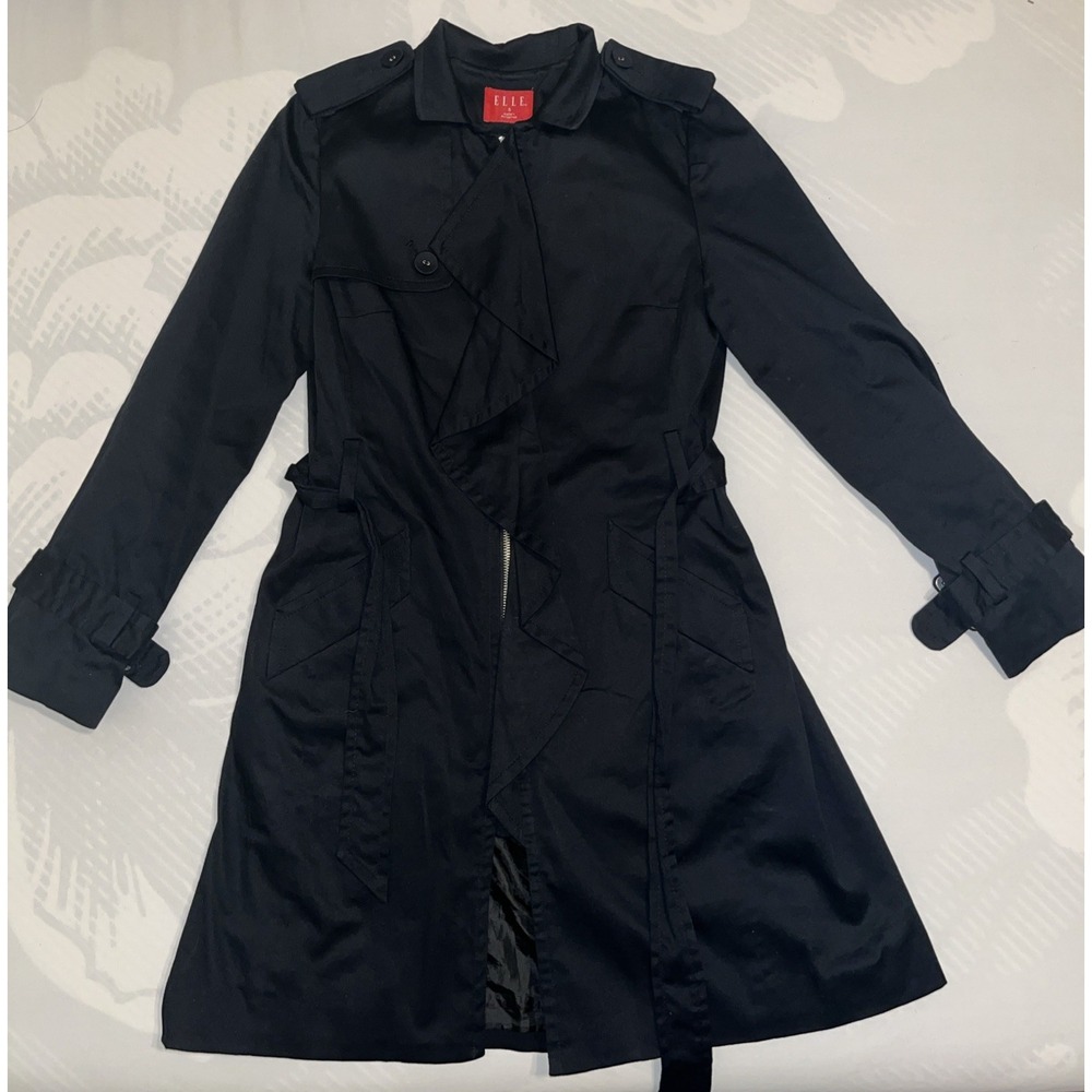 Elle Trench Coat Pleated Hem Cuffs Lined Pockets Belted Size Small S